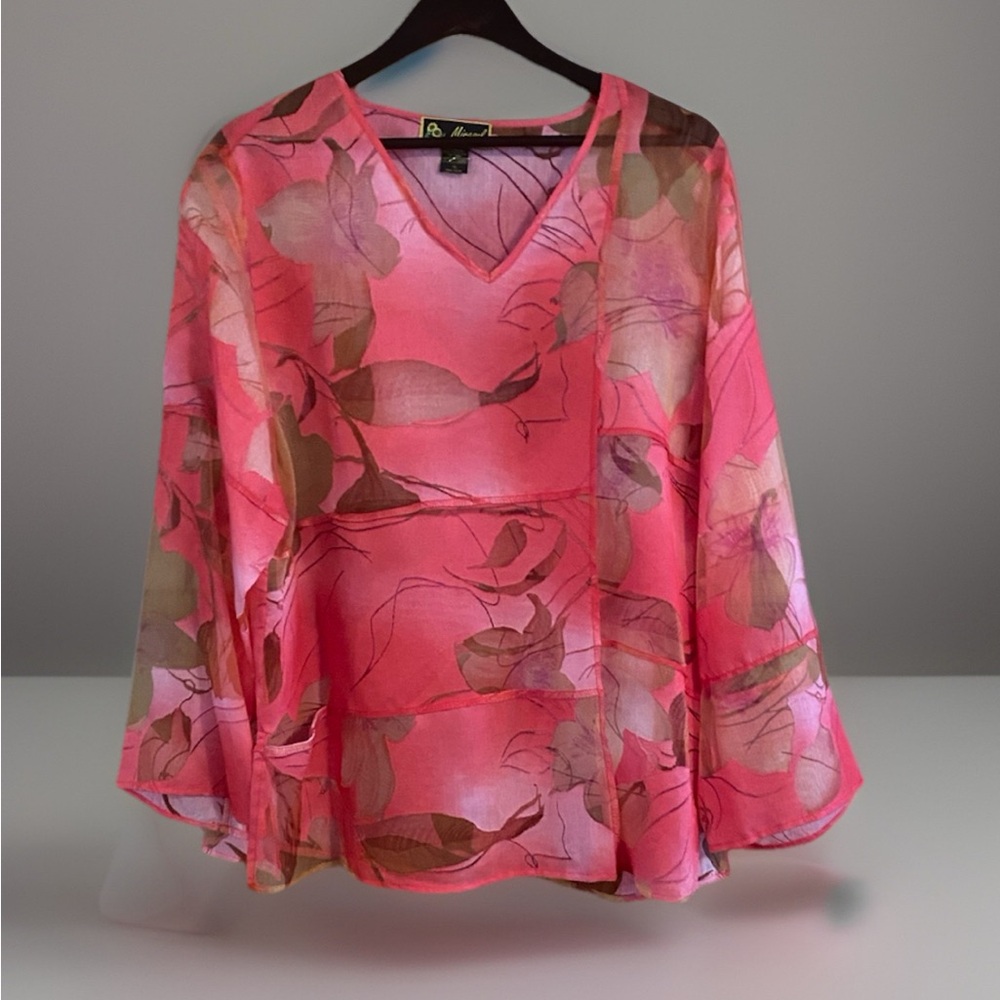 Plus Size Extended Mirasol Woman 1X Pink Floral Tunic Blouse Bell Sleeve Defect